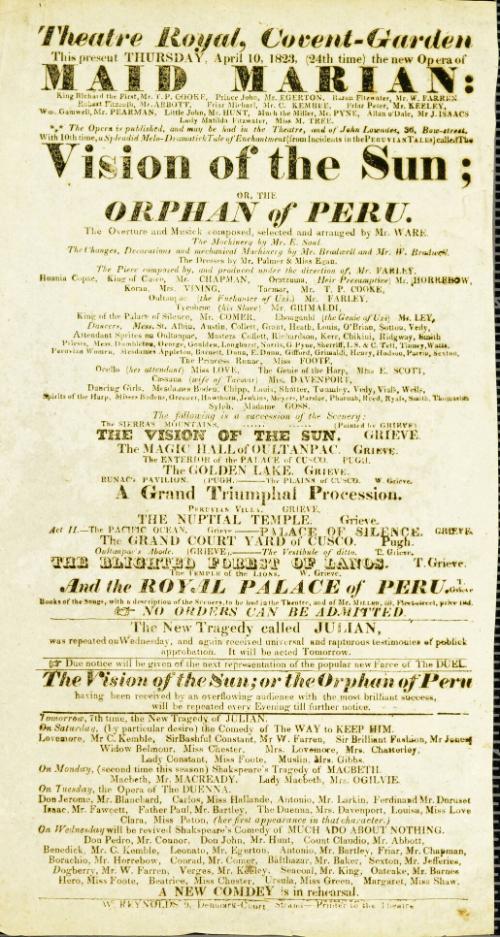 Handbill for Theatre Royal, Covent Garden. April 10, 1823