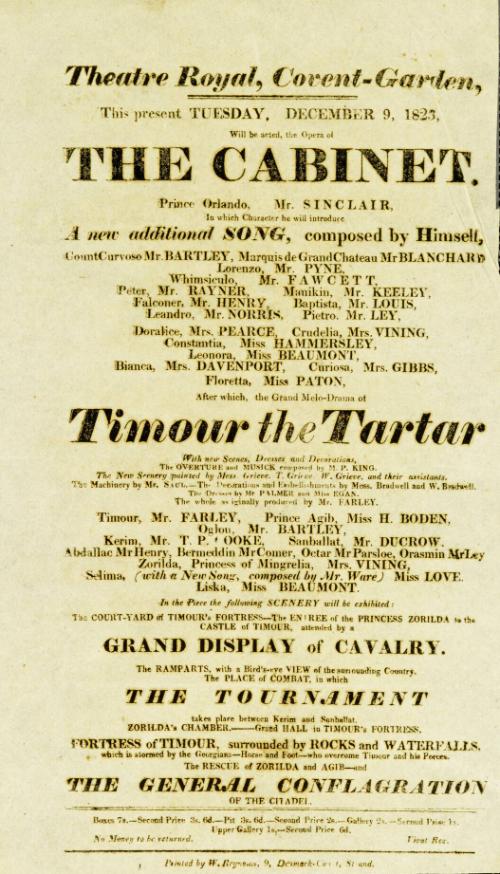 Handbill for Theatre Royal, Covent Garden. December 9, 1823