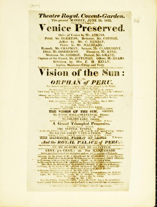 Handbill for Theatre Royal, Covent Garden. June 16, 1823