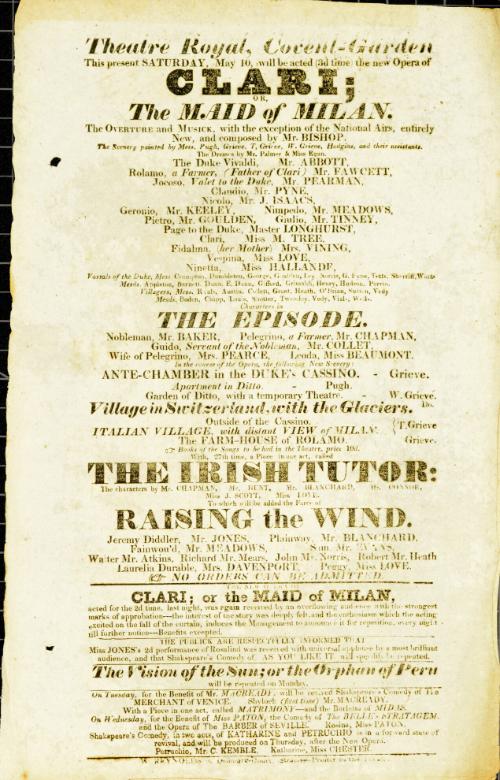 Handbill for Theatre Royal, Covent Garden. May 10, 1823