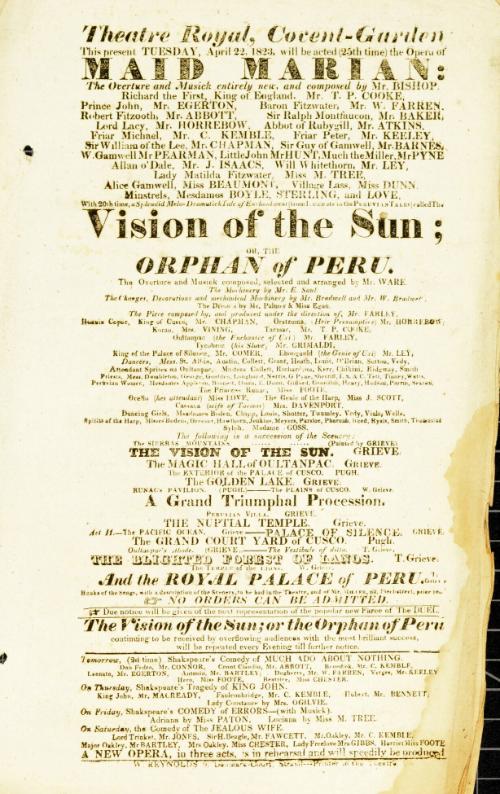 Handbill for Theatre Royal, Covent Garden. April 22, 1823