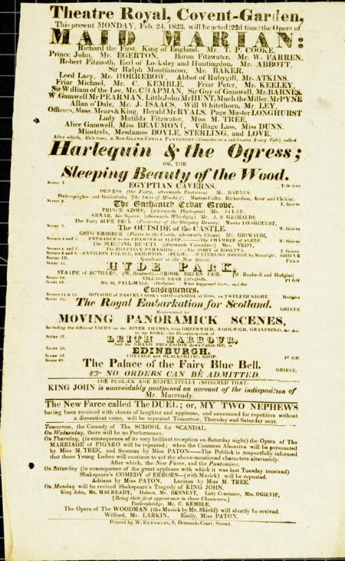 Handbill for Theatre Royal, Covent Garden. February 24, 1823