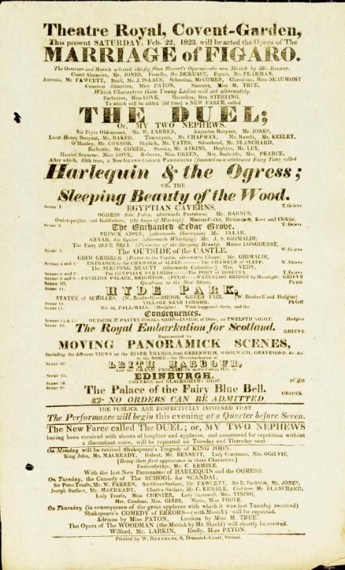 Handbill for Theatre Royal, Covent Garden. February 22, 1823