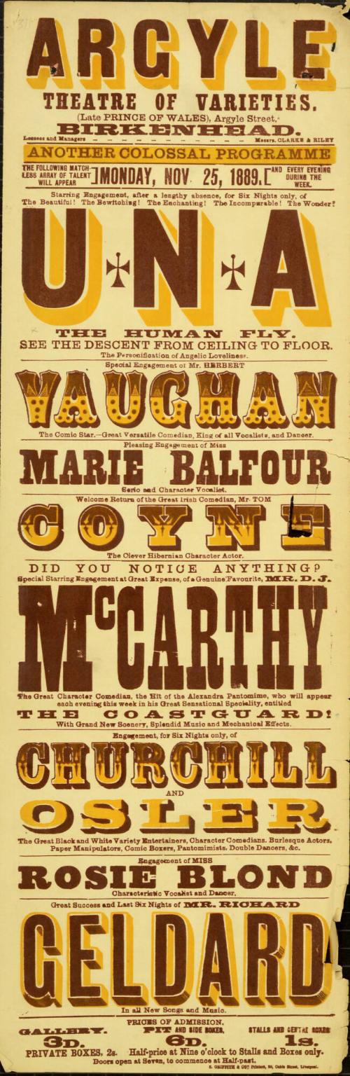 Playbill for Argyle Theatre, Birkenhead. 1889.