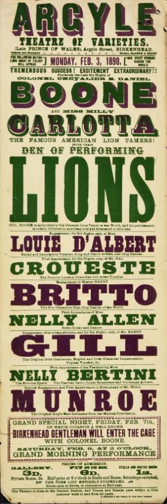 Playbill for Argyle Theatre, Birkenhead. 1890