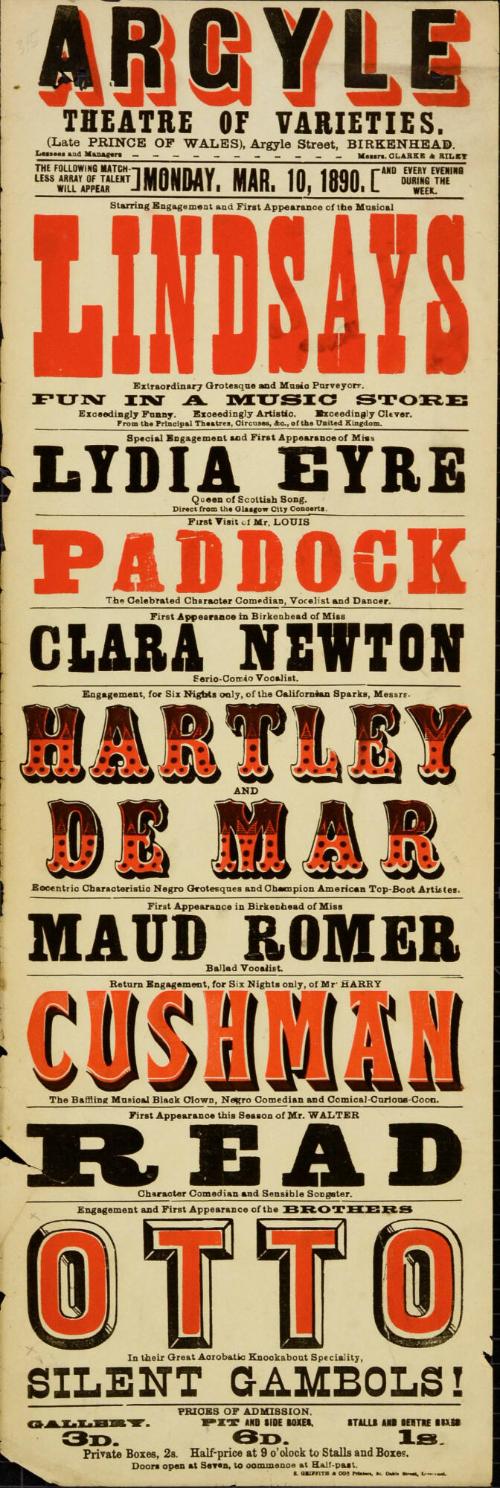 Playbill for Argyle Theatre, Birkenhead. 1890