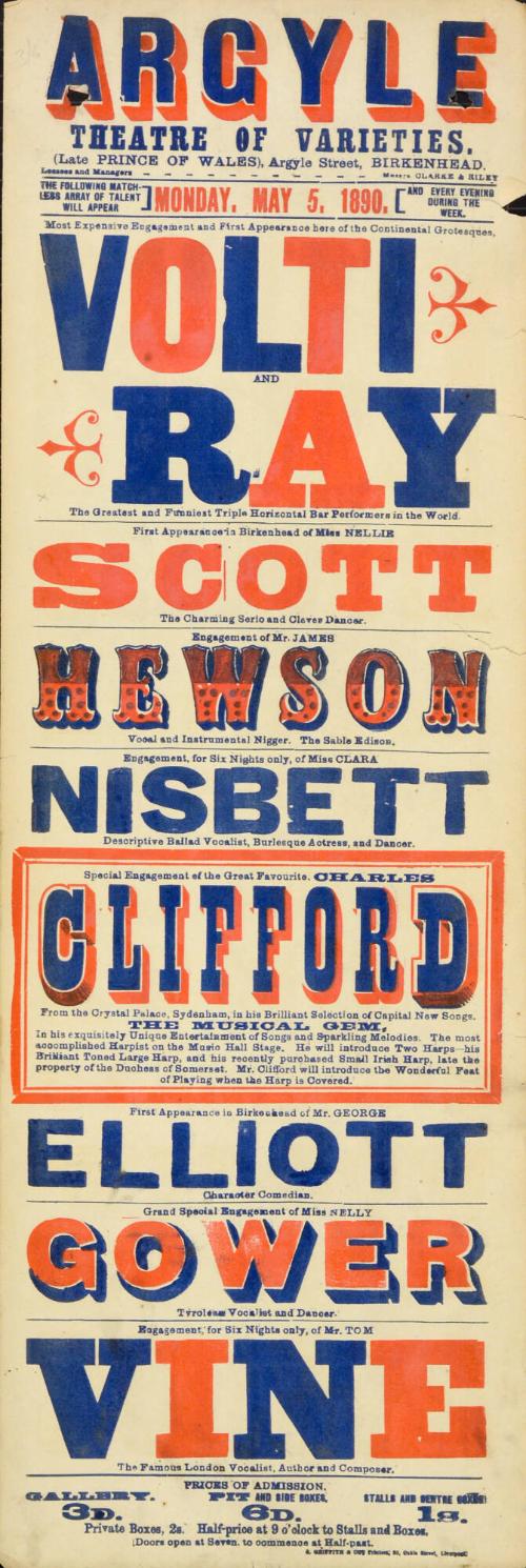 Playbill for Argyle Theatre, Birkenhead. 1890