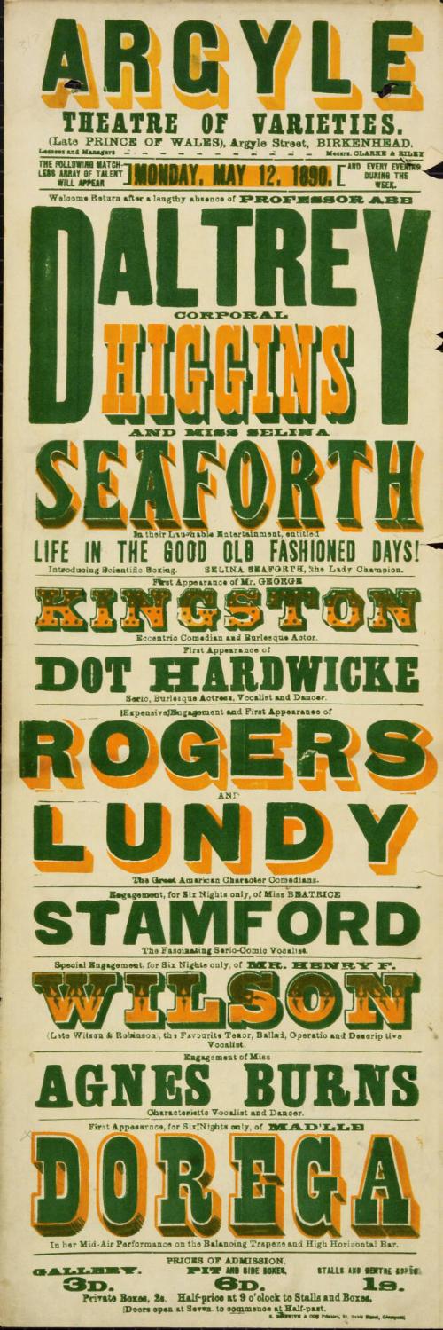 Playbill for Argyle Theatre, Birkenhead. 1890