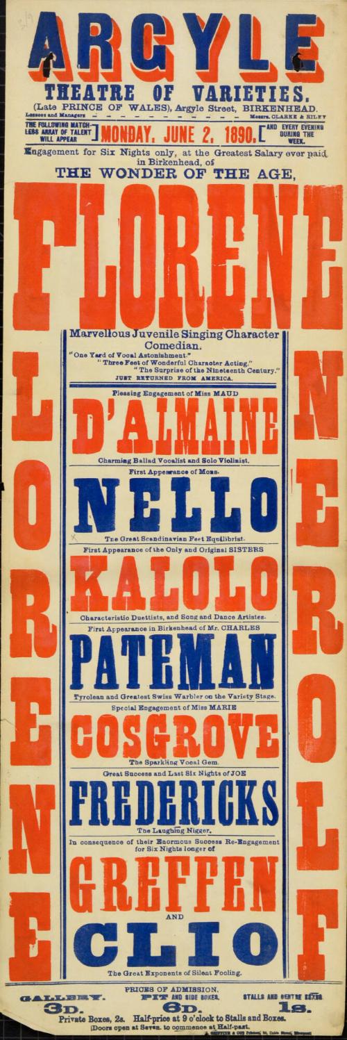 Playbill for Argyle Theatre, Birkenhead. 1890