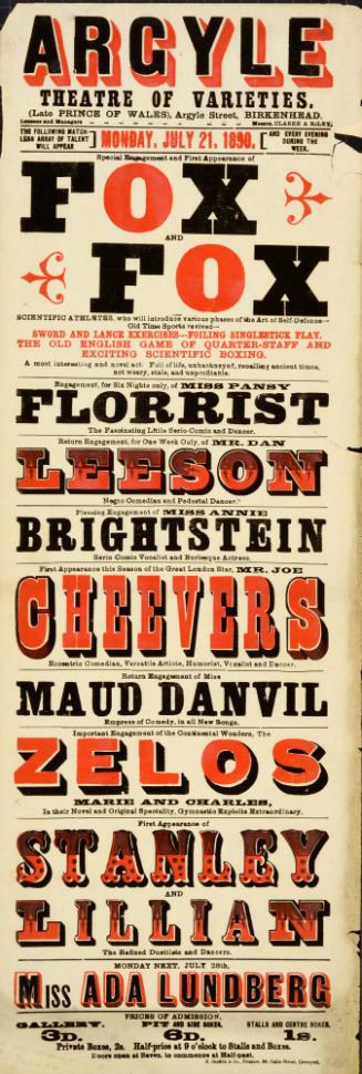 Playbill for Argyle Theatre, Birkenhead. 1890
