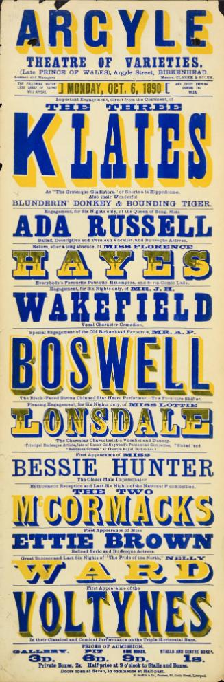 Playbill for Argyle Theatre, Birkenhead. 1890