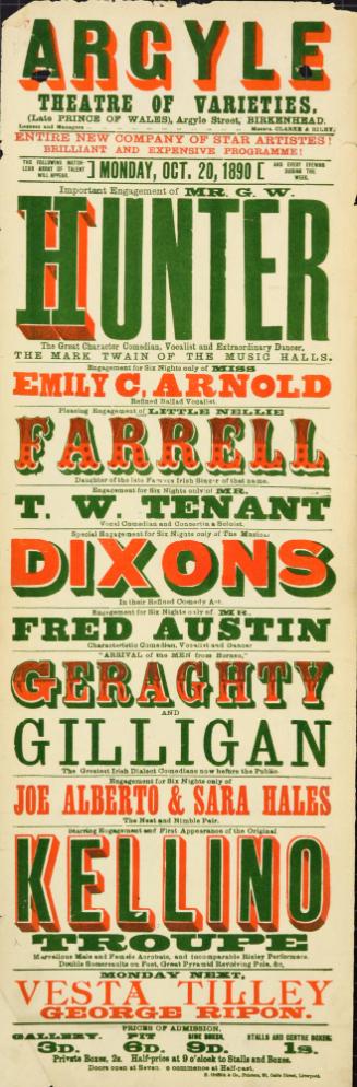 Playbill for Argyle Theatre, Birkenhead. 1890