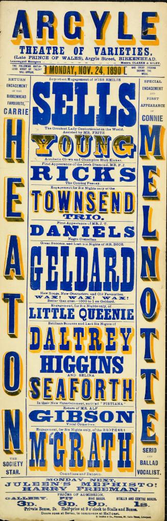 Playbill for Argyle Theatre, Birkenhead. 1890