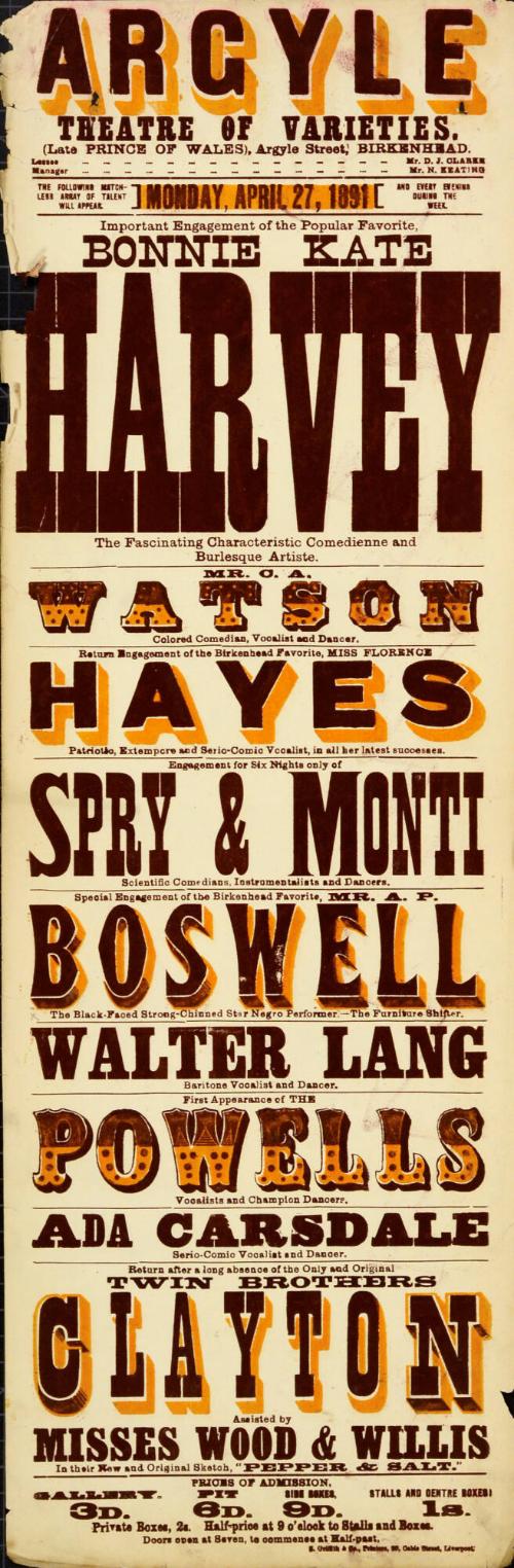 Playbill for Argyle Theatre, Birkenhead. 1891