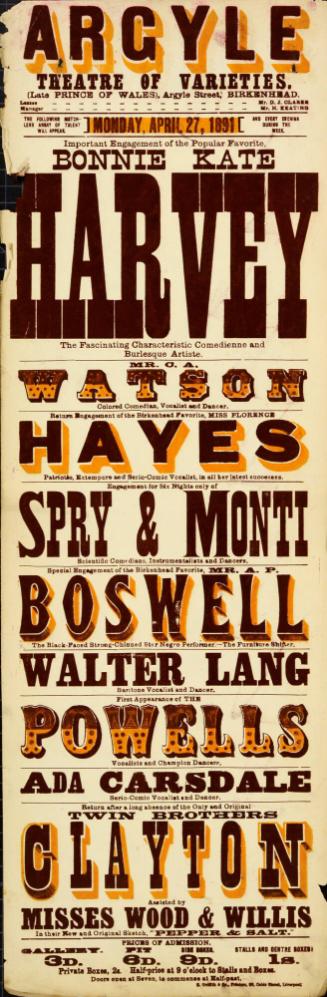 Playbill for Argyle Theatre, Birkenhead. 1891