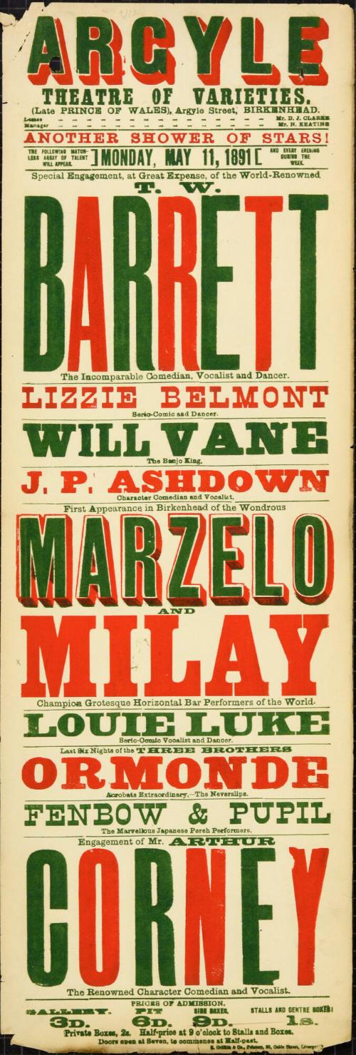 Playbill for Argyle Theatre, Birkenhead. 1891
