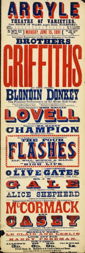 Playbill for Argyle Theatre, Birkenhead. 1891