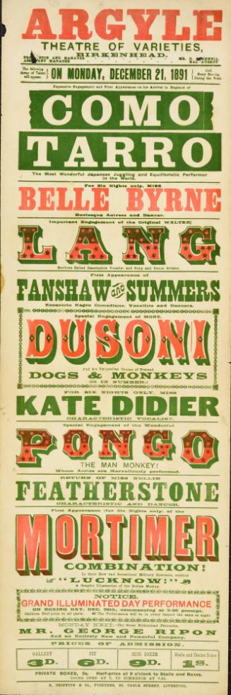 Playbill for Argyle Theatre, Birkenhead. 1891