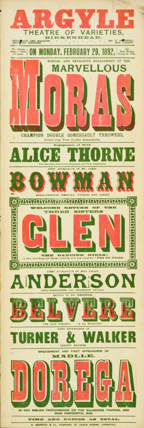 Playbill for Argyle Theatre, Birkenhead. 1892