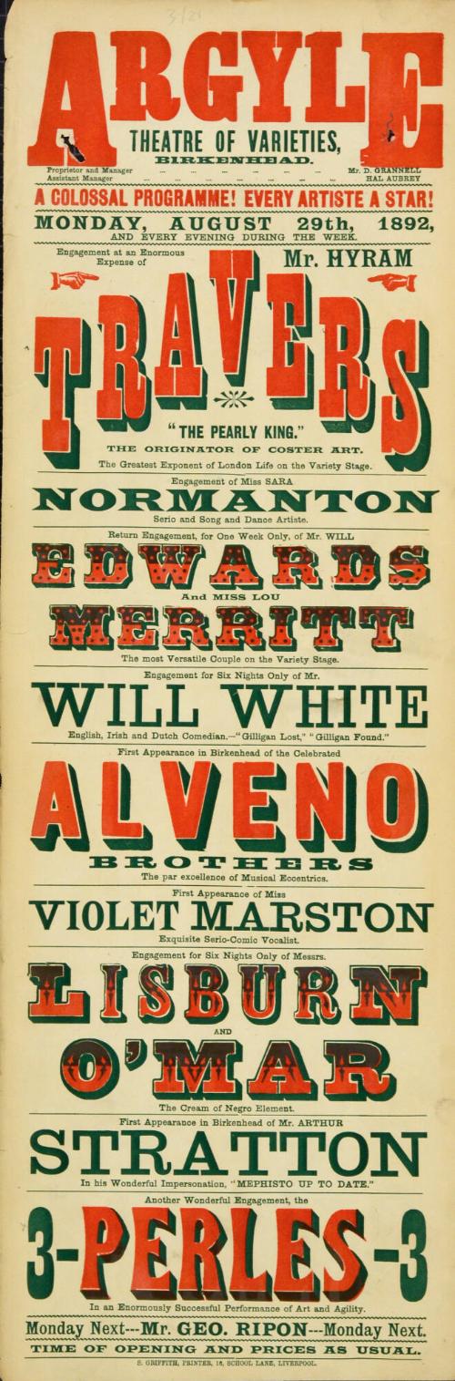 Playbill for Argyle Theatre, Birkenhead. 1892