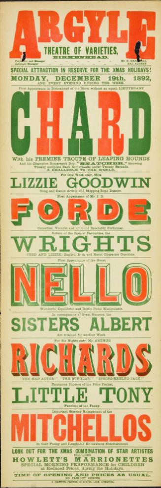 Playbill for Argyle Theatre, Birkenhead. 1892