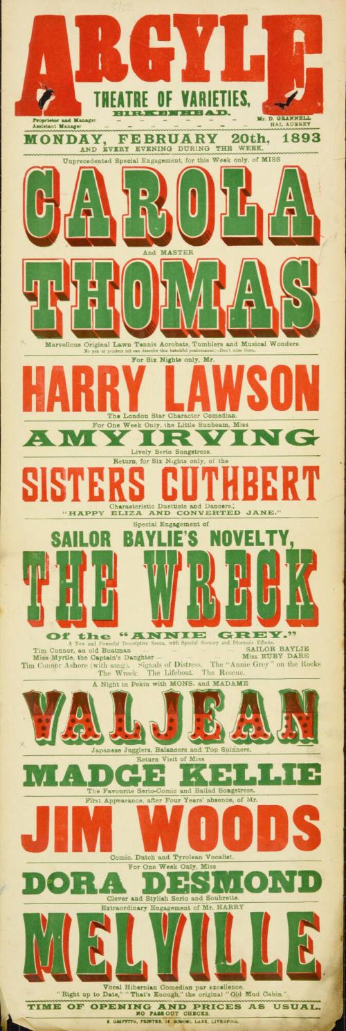 Playbill for Argyle Theatre, Birkenhead. 1893