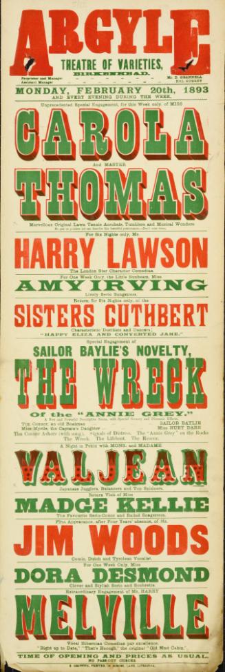 Playbill for Argyle Theatre, Birkenhead. 1893