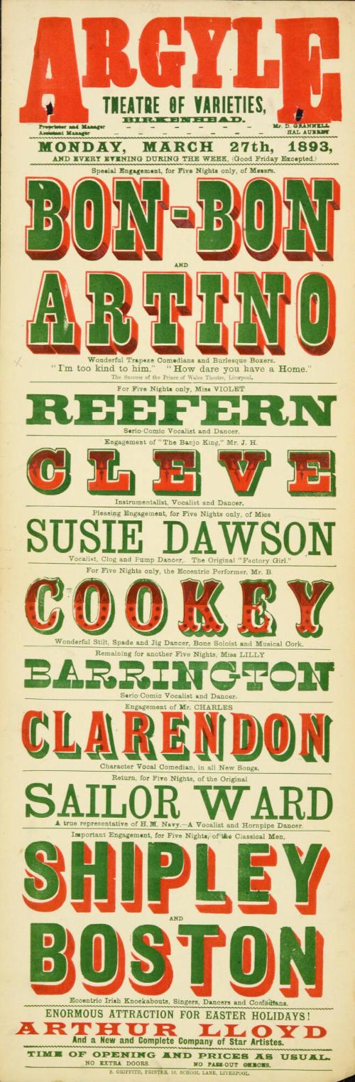 Playbill for Argyle Theatre, Birkenhead. 1893