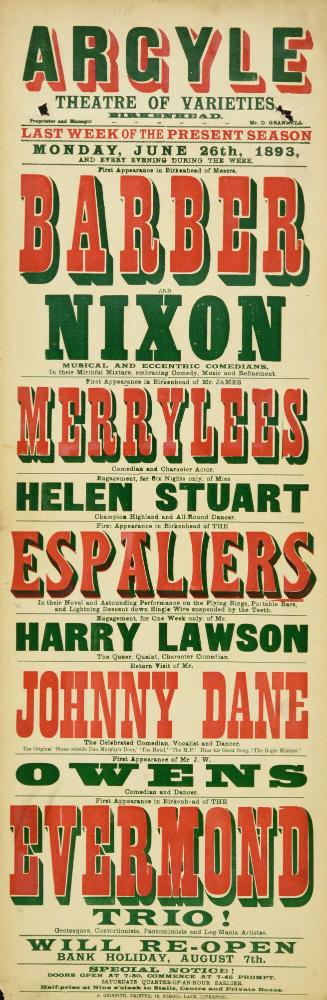 Playbill for Argyle Theatre, Birkenhead. 1893