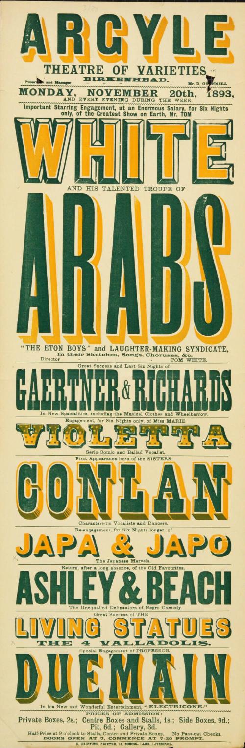 Playbill for Argyle Theatre, Birkenhead. 1893