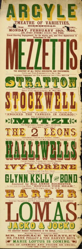 Playbill for Argyle Theatre, Birkenhead. 1894