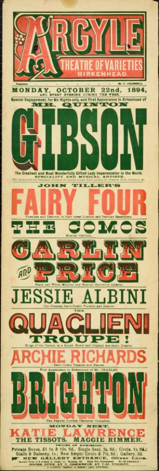 Playbill for Argyle Theatre, Birkenhead. 1894