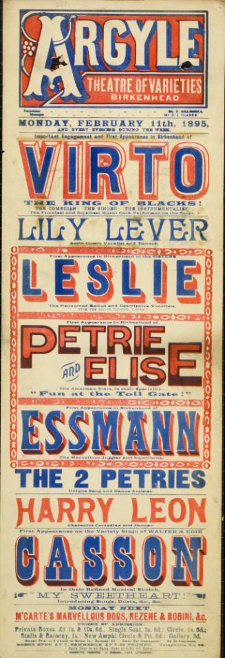 Playbill for Argyle Theatre, Birkenhead. 1895