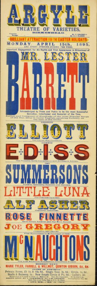 Playbill for Argyle Theatre, Birkenhead. 1895