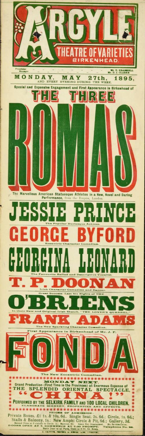 Playbill for Argyle Theatre, Birkenhead. 1895