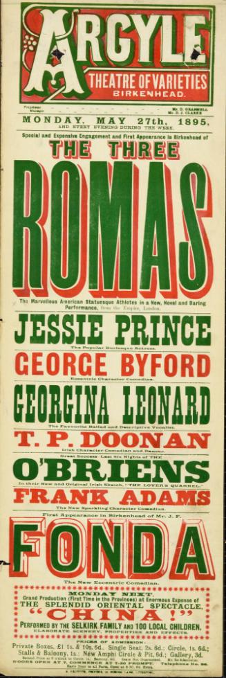 Playbill for Argyle Theatre, Birkenhead. 1895