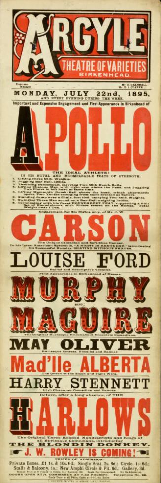 Playbill for Argyle Theatre, Birkenhead. 1895