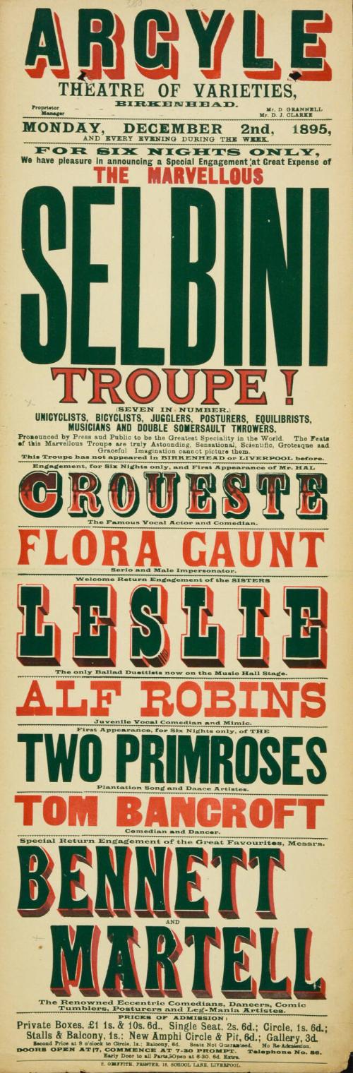 Playbill for Argyle Theatre, Birkenhead. 1895