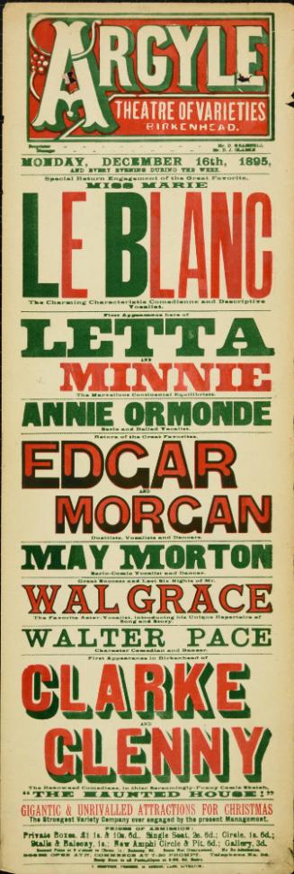 Playbill for Argyle Theatre, Birkenhead. 1895