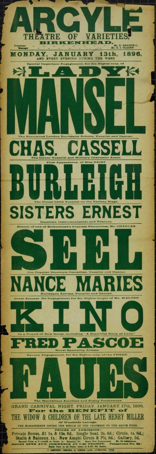 Playbill for Argyle Theatre, Birkenhead. 1896