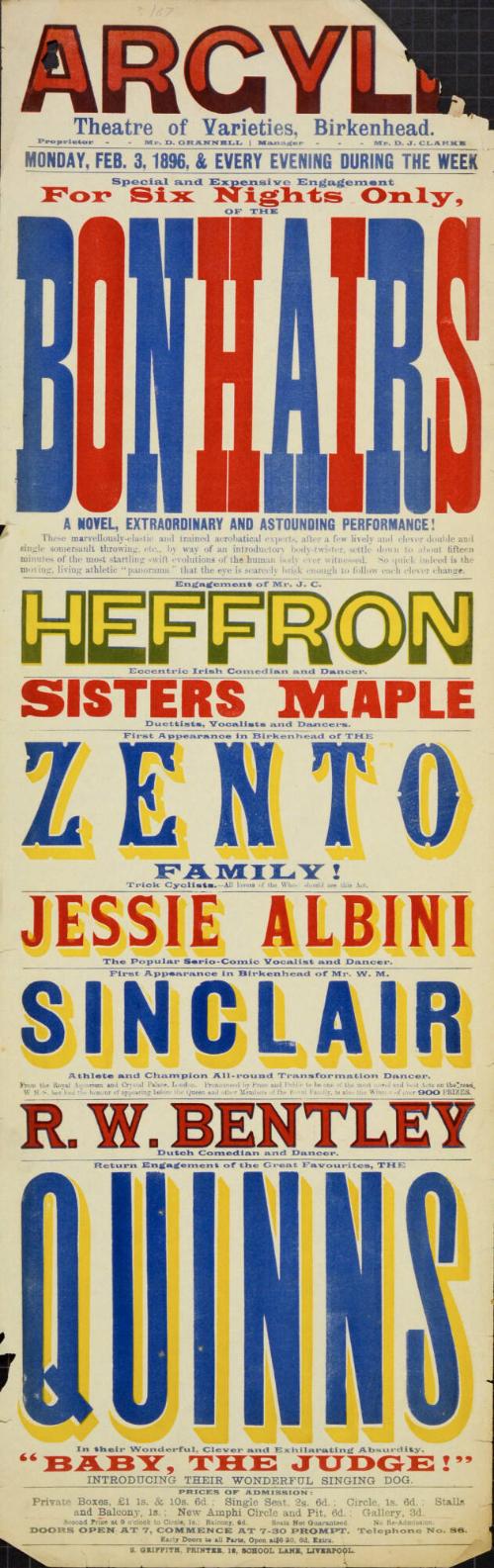 Playbill for Argyle Theatre, Birkenhead. 1896