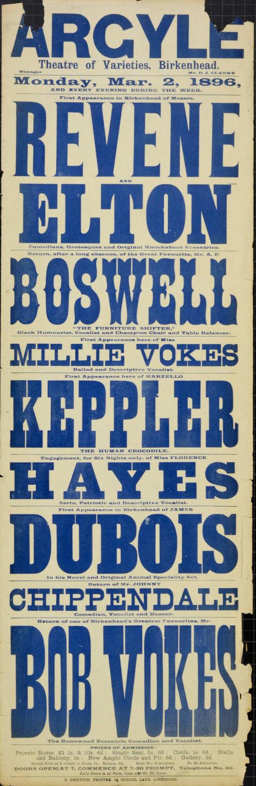 Playbill for Argyle Theatre, Birkenhead. 1896