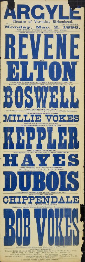 Playbill for Argyle Theatre, Birkenhead. 1896