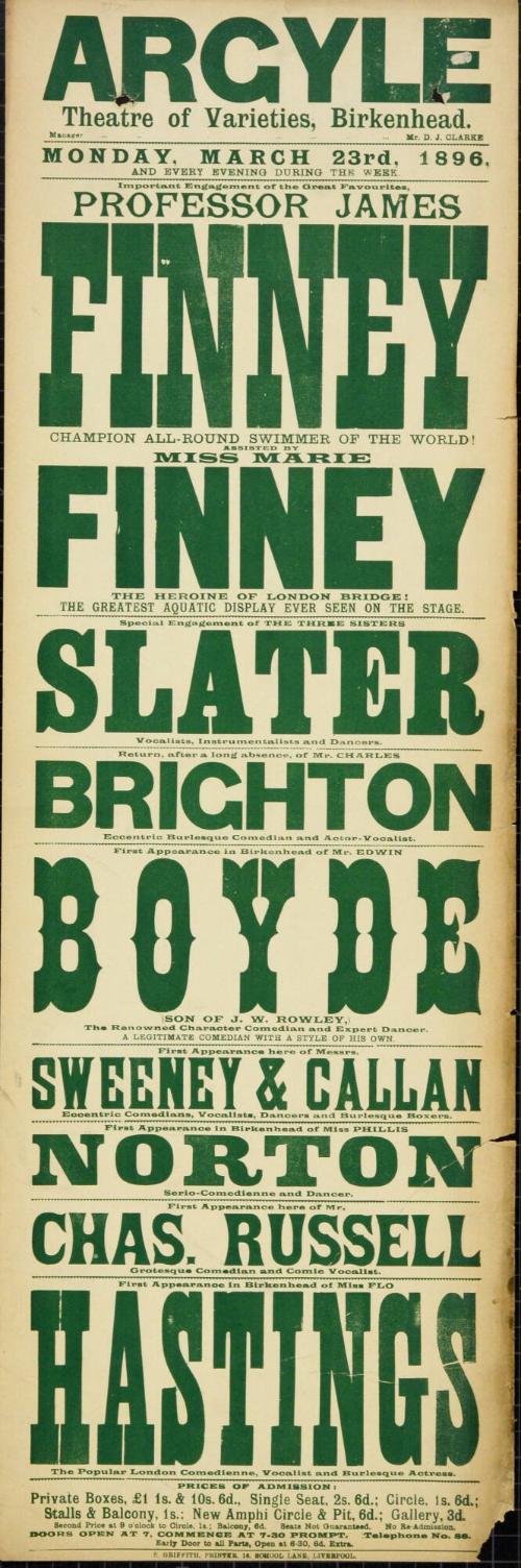 Playbill for Argyle Theatre, Birkenhead. 1896