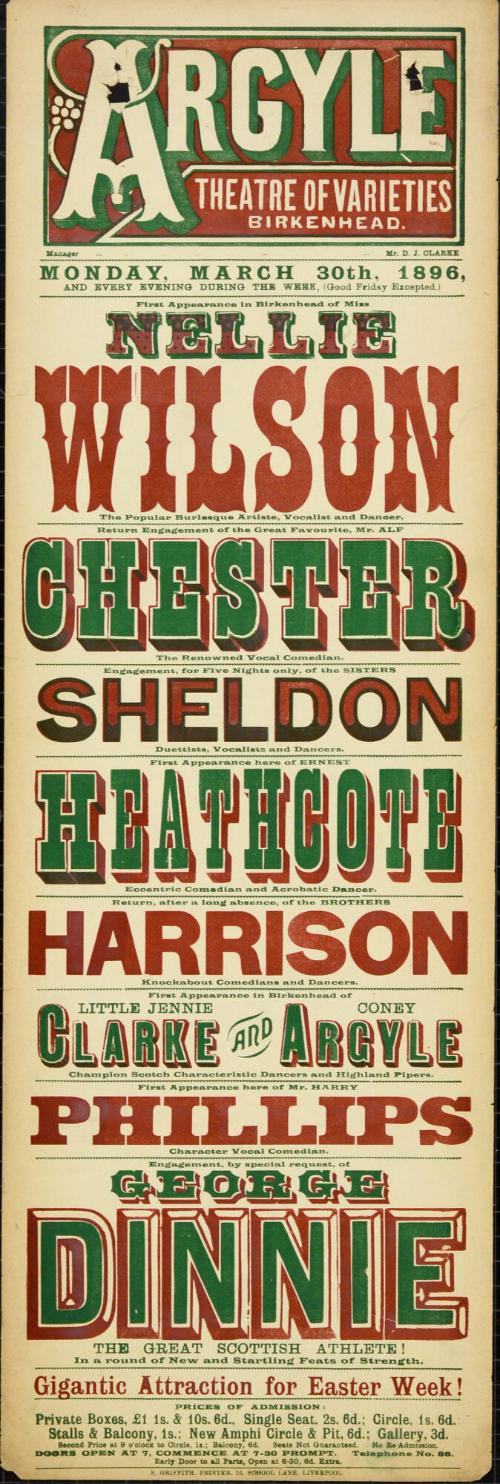 Playbill for Argyle Theatre, Birkenhead. 1896