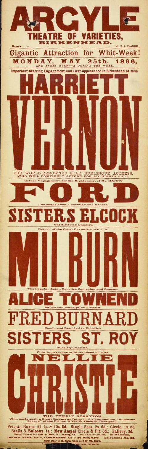 Playbill for Argyle Theatre, Birkenhead. 1896