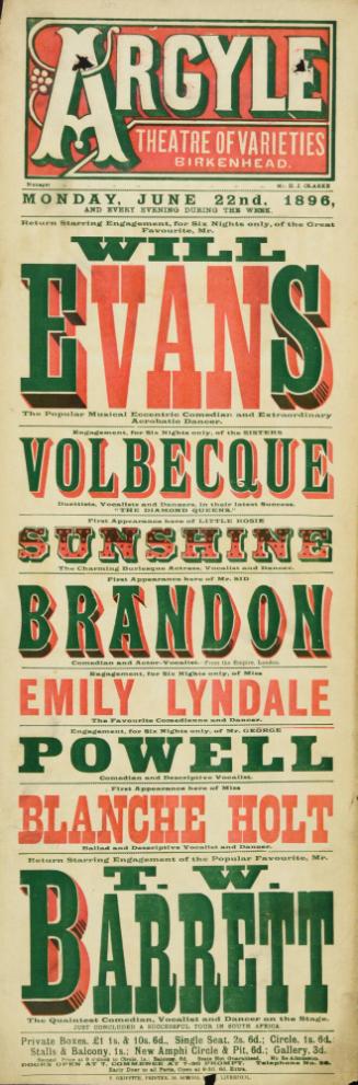 Playbill for Argyle Theatre, Birkenhead. 1896