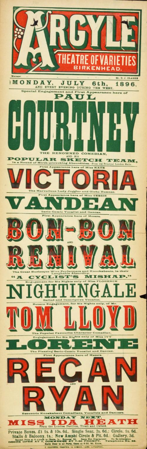 Playbill for Argyle Theatre, Birkenhead. 1896