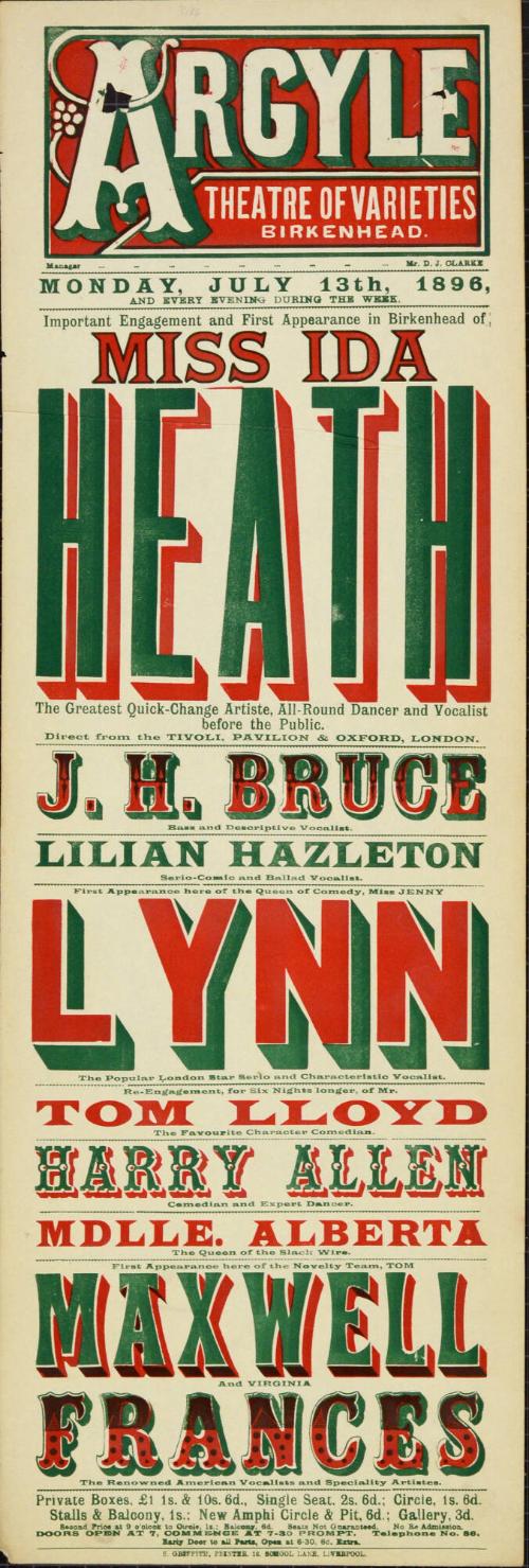 Playbill for Argyle Theatre, Birkenhead. 1896