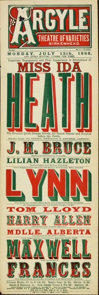 Playbill for Argyle Theatre, Birkenhead. 1896